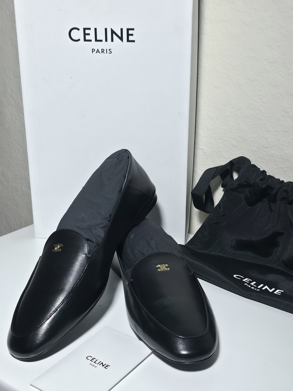 CELINE Black Leather Slip-On Gold Logo AURA LOAFER IN GOATSKIN size 38 Bag Box